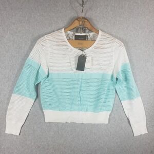 Aleeza Paris Sweater Top Large White Aqua Knit Pullover Long Sleeve NWT